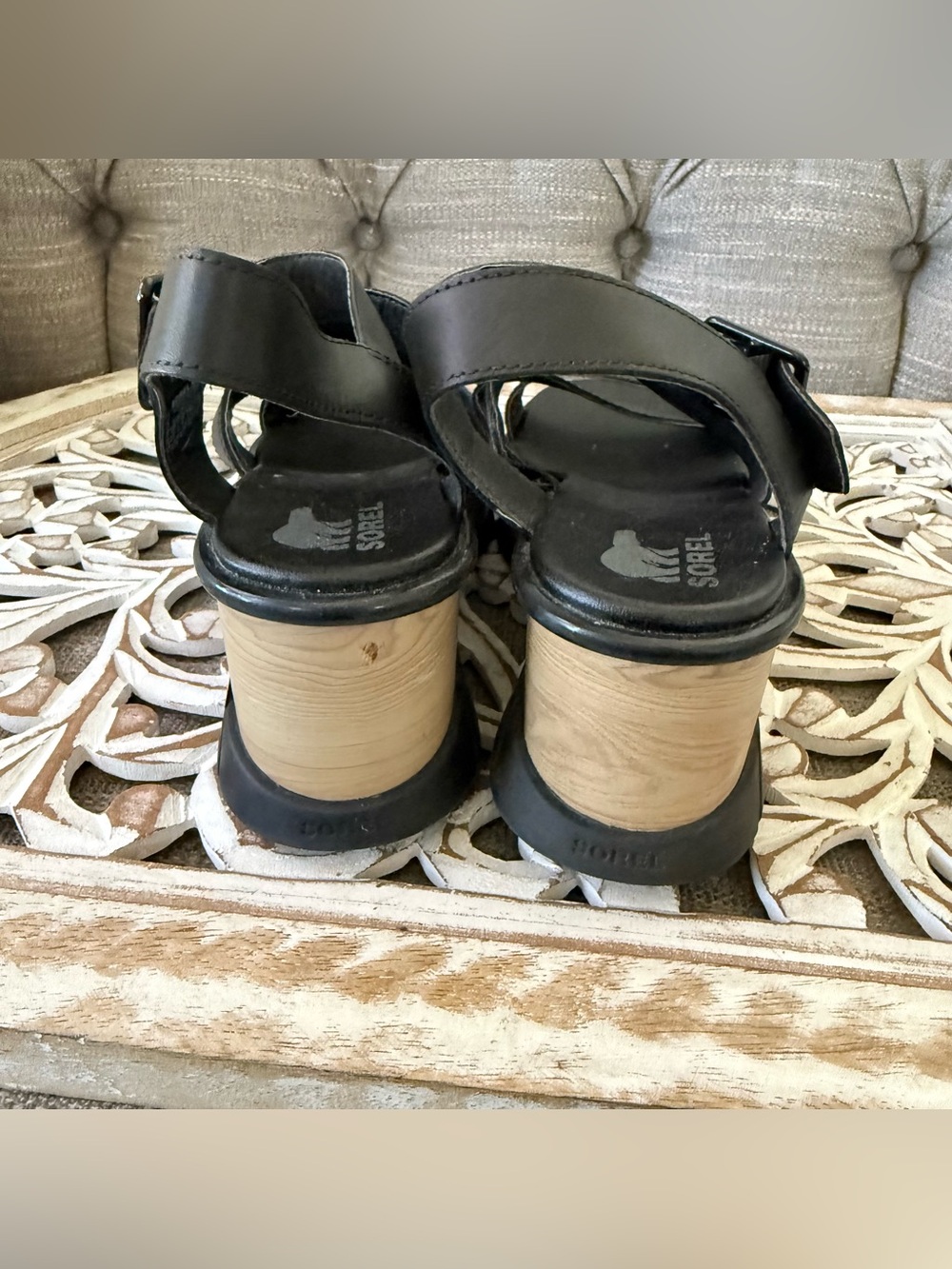 Sorel Black Leather Wide Strap Wedge Platform Sandals Shoes Women’s 10 - Picture 4 of 12